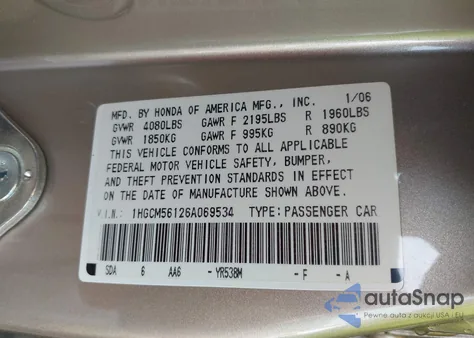 2006 Honda Accord 2.4 Vp из США, поврежденный, VIN 1HGCM56126A069534